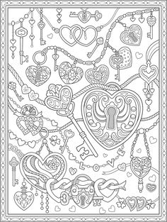 a coloring page with hearts and keys