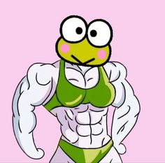 a cartoon character posing for the camera with her muscles exposed and big eyes on pink background