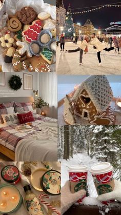 the collage shows many different pictures of people in winter clothing and food, including gingerbreads