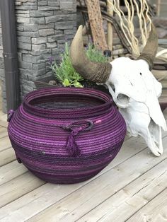 a purple basket sitting on top of a wooden floor next to a white cow skull