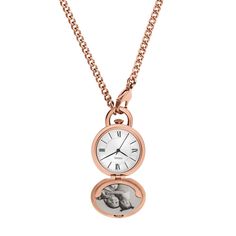 Inspired by vintage pocket watches, this ladies' Fossil Jacqueline rose-toned photo locket watch makes a unique gift for your special someone. Fashioned in stainless steel with rose ion plate This locket features a fluted border along the cover. Opens to reveal a space for a photo and a silver dial with black hands and roman numeral and stick markers 30.0mm case with mineral crystal Japanese quartz movement keeps accurate time. The locket watch suspends along a 11.5-inch curb chain that secures Black Hands, Vintage Pocket Watch, Rose Tone, Photo Locket, Roman Numeral, Pocket Watches, Black Hand, Minerals Crystals, Curb Chain