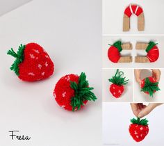 crocheted strawberries are being made with clothes pins and yarn to make them look like strawberrys