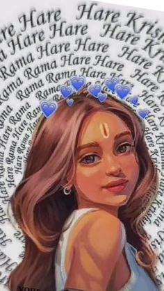 a painting of a woman with blue hearts on her head and words in the background