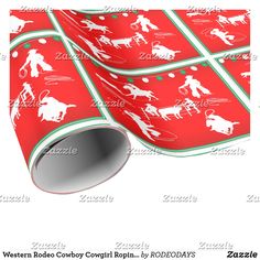 a red wrapping paper with white horses and people on it