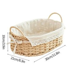 a small basket with lace trimming on the sides and bottom, measurements for each item