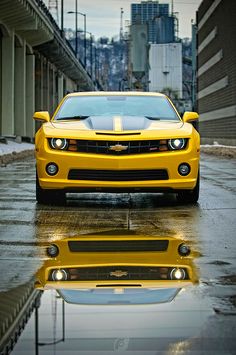 a yellow chevrolet camaro parked in the rain