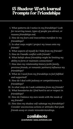 This self-exploration can lead to deeper understanding and healthier friendships. Engaging with these questions through journaling or meditation can help uncover insights about your friendship dynamics. Friendship Dynamics, Shadow Work Journal Prompts, Work Journal Prompts, Shadow Work Spiritual, Morning Journal Prompts, Friends Journal, Shadow Work Journal, Journal Topics