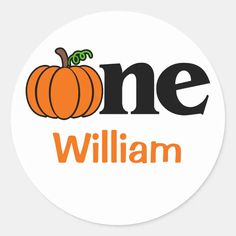 one pumpkin sticker with the word william written in black and orange, on a white background