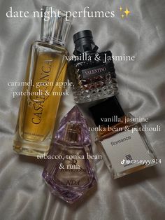 three different perfume bottles sitting on top of a white bed sheet with the caption date night perfumes vanilla & jasmine