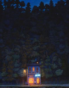 a painting of a lit up building in the middle of a wooded area at night