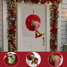 christmas decorations on the front door and wreaths in red, green and white colors