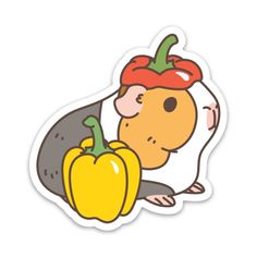 a sticker with an image of a mouse holding a bell pepper