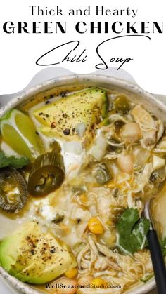 green chicken chili soup White Chicken Chili With Poblano Peppers, White Chicken Chili Poblano Peppers, Chili Verde Soup Crockpot, Verde Enchilada Soup, Green Chili Crema, Whole Green Chili Recipes, Hatch Chili Soup Recipes, Cilantro Chicken Soup