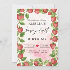 a strawberry themed birthday party card