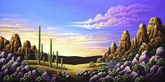 a painting of desert scene with cactus trees and rocks