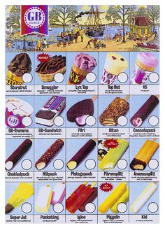 an advertisement showing different types of ice cream