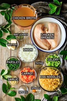 the ingredients for chicken broth are shown in bowls