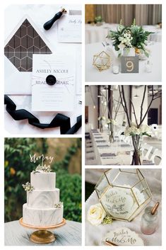 a collage of photos with different types of wedding decorations and flowers on them, including a cake