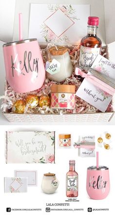 a pink gift box filled with personalized items and gifts for someone's special occasion