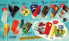 an advertisement for ice cream and popsicles with different types of flavors on them, from the 1950's to the 1960s's