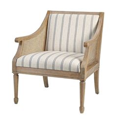 a wooden chair with striped upholstered seat and armrests on an isolated white background