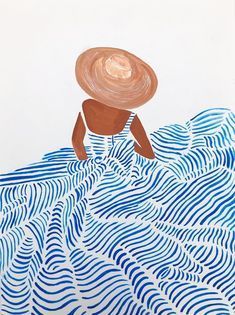 a drawing of a woman in a dress and straw hat sitting on top of a wave