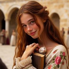 a girl with red hair is holding a book