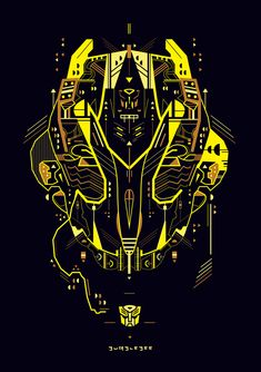 a black background with yellow lines and an animal's head in the shape of a robot