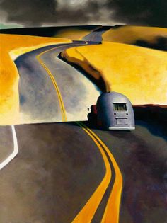 an oil painting of a truck driving down a road in the middle of yellow fields