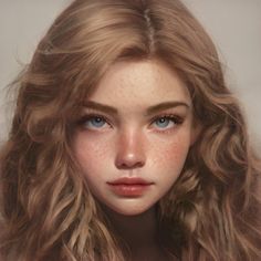 a woman with long blonde hair and blue eyes is shown in this digital painting image