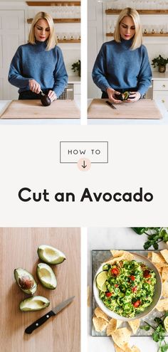 how to cut an avocado in 3 easy steps with pictures and text overlay