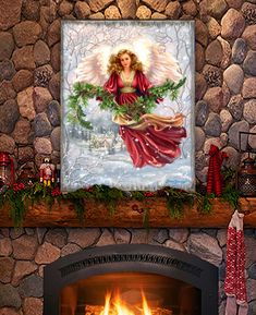 a christmas card with an angel on the mantle and decorations around it in front of a fireplace