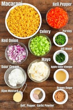 the ingredients to make macaroni salad in bowls