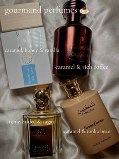 three different types of perfumes on a bed with the caption'gourmand perfumes caramel, honey & vanilla and caramel & rich coffee