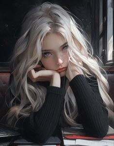 a digital painting of a woman with long blonde hair sitting on a bench in front of a window