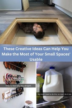 there is a man laying on the floor with his head in an open space between two shelves