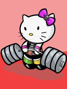 a hello kitty sitting on top of a barbell with a pink bow in her hair