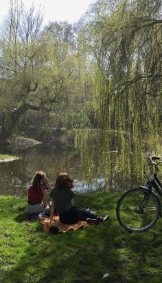 two people sitting on the grass near a lake and bike in the background, with trees reflected in the water