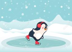 a penguin skating on an ice rink in the snow stock photo, royalty and illustration