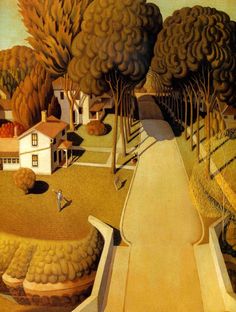 an image of a painting with trees and houses in the background