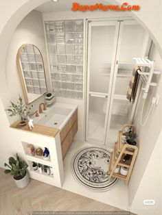 a bathroom with a sink, mirror and shower stall in the corner next to a toilet