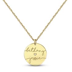 A sweet and romantic way to show your love, this couple's necklace features a 10K yellow gold disc customized with both of your names in an elegant script font. A single round diamond shines in a dainty heart design for a hint of sparkle. The pendant suspends from an 18-inch rope chain thats secures with a spring ring clasp. Couple Name, Valentine Gifts For Husband, Cute Couple Gifts, Font A, Monogram Jewelry, Couple Necklaces, Gold Disc, Birthday Gifts For Girlfriend, Accessories Jewelry Necklace