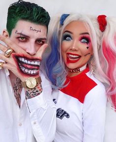 clown makeup
harley quinn
the joker
couples halloween Joker And Harley Quinn Costume, Clown Halloween Makeup, Creepy Clown Makeup, Girl Halloween Makeup, Harley Quinn And Joker, Costume Couple, Joker Clown, Harley Quinn Halloween, Joker Harley