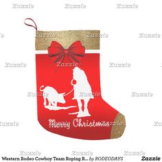 a red christmas stocking with a dog on it and a bow hanging from the top