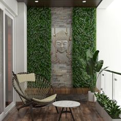 Balcony With Green Planter Wall And Buddha Design Modern Balcony Design, Buddha Wall Decor, Vertikal Garden, Wooden Ceiling Design, Beautiful Balcony, Drawing Room Decor, Balcony Chairs