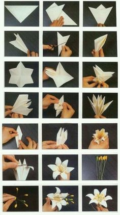 the instructions for how to make origami flowers with white paper and yellow flowers