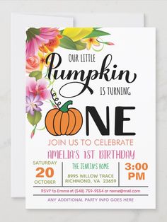 a pumpkin birthday party card with flowers on it