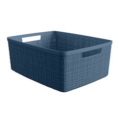 a blue plastic basket on a white background