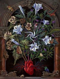 a painting of flowers in a vase with a bird sitting on the top of it