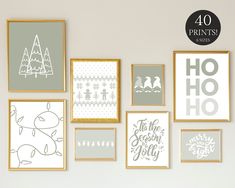 a set of six framed christmas cards with the words ho ho ho in white and grey